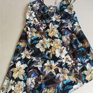 EMODA Abstract Floral Print Lace-Up Dress in Black, Blue, Brown, Cream